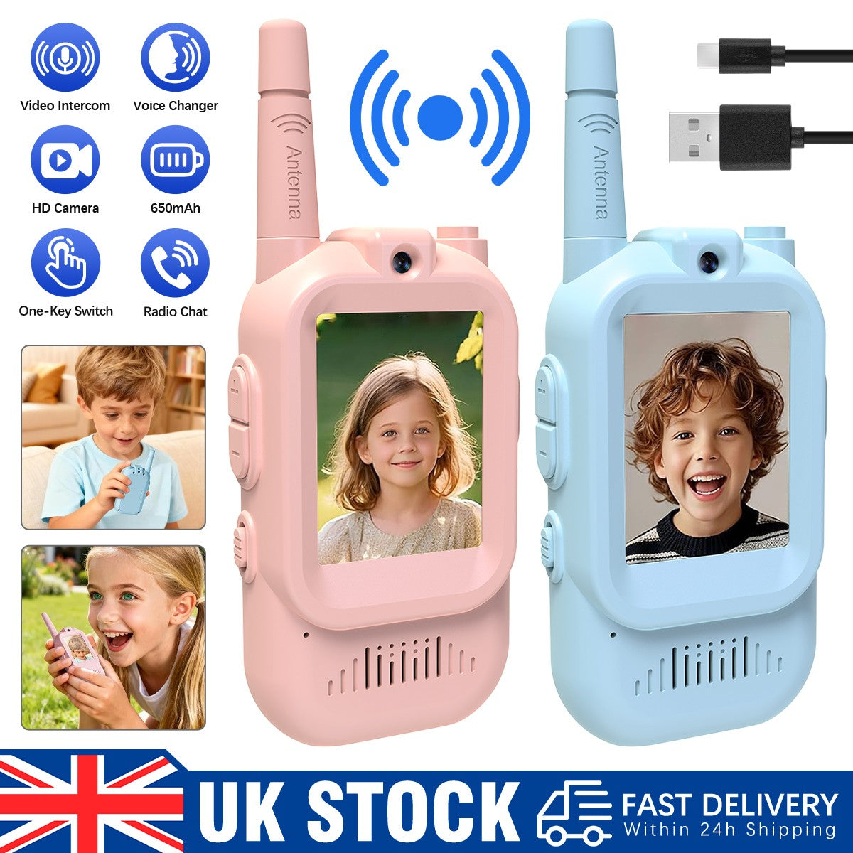 2Pcs Video Walkie Talkies for Kids Rechargeable 2-Way Long Range Walkie-Talkie