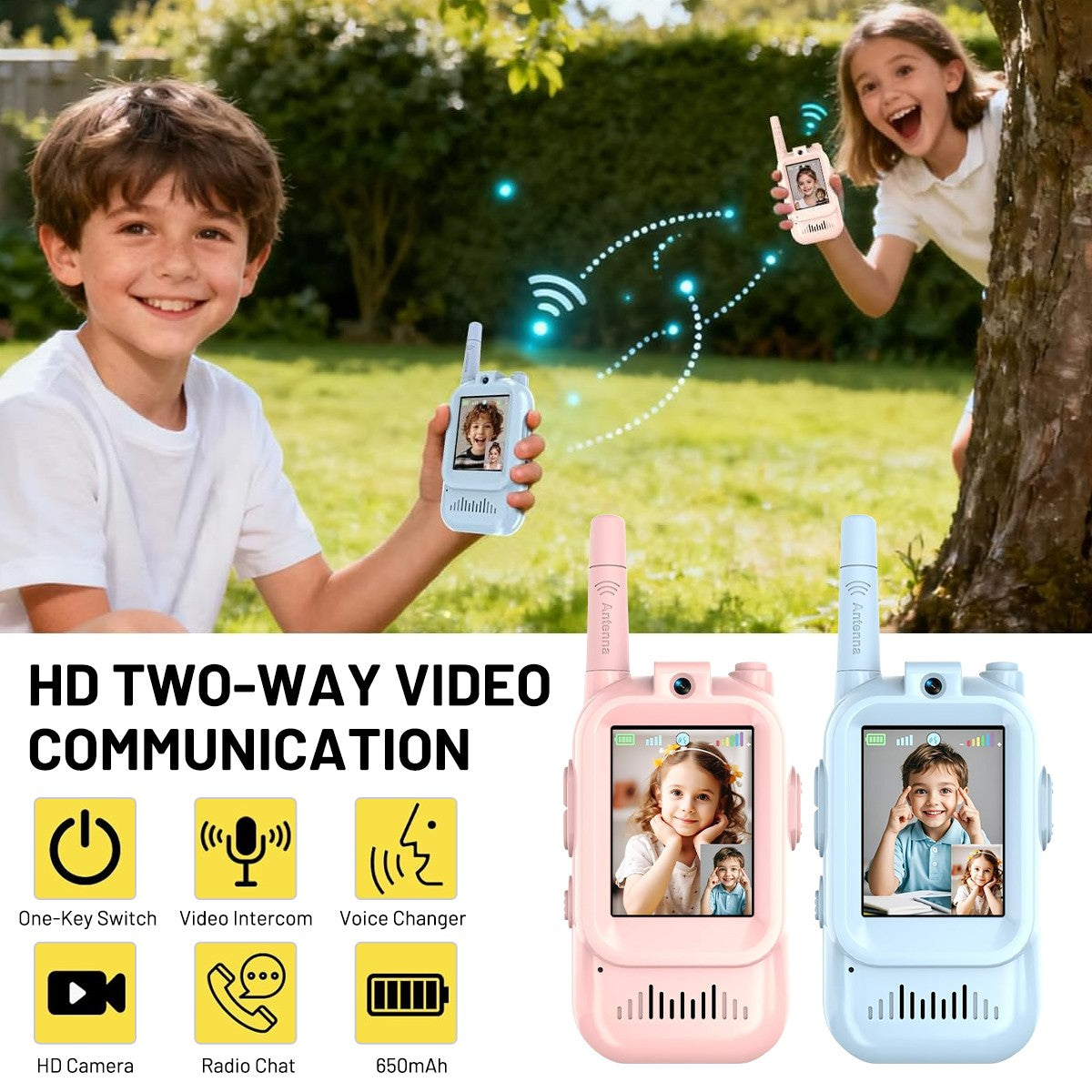 2Pcs Video Walkie Talkies for Kids Rechargeable 2-Way Long Range Walkie-Talkie