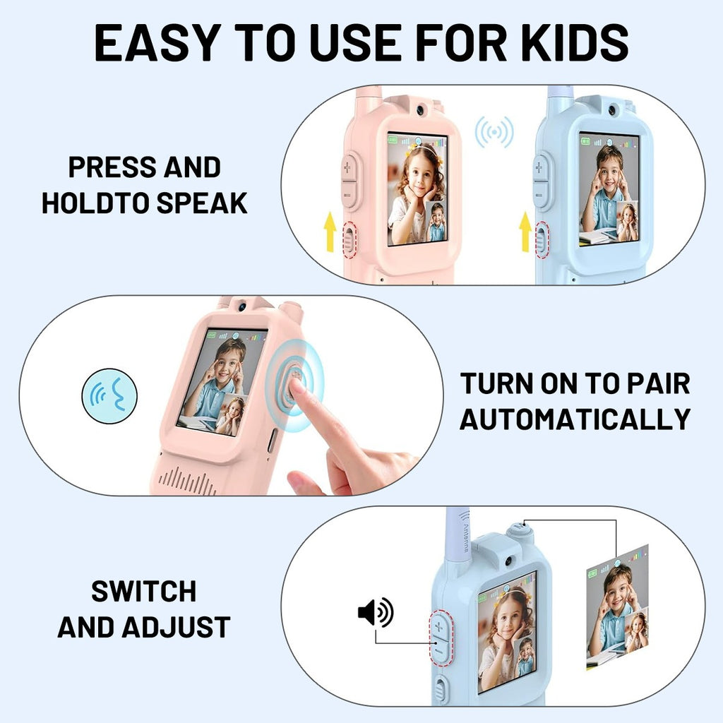 2Pcs Video Walkie Talkies for Kids Rechargeable 2-Way Long Range Walkie-Talkie